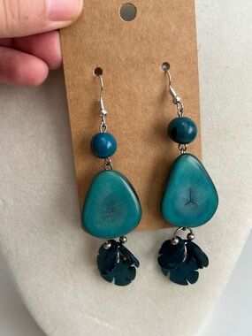 Blue Tagua nut dangle earrings 3”